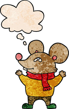 cartoon mouse wearing scarf and thought bubble in grunge texture pattern style