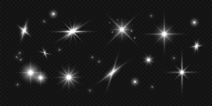 Y2k bling star icons. Vector illustration silver light flare effect, stars and sparkles isolated on transparent background. Flash light design elements for retrofuturistic, brutalist cool poster