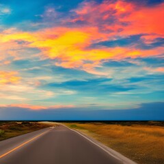Summer landscape on the highway. Highway landscape at colorful sunset. Road view on the beach in summer. Colorful seascape with beautiful road - generative ai