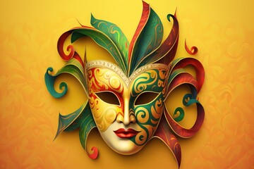 A festive, colorful mardi gras or carnivale mask on a yellow background. Venetian masks