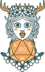 elf druid character with nautral twenty dice roll illustration