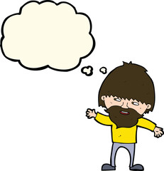 cartoon happy bearded man waving with thought bubble