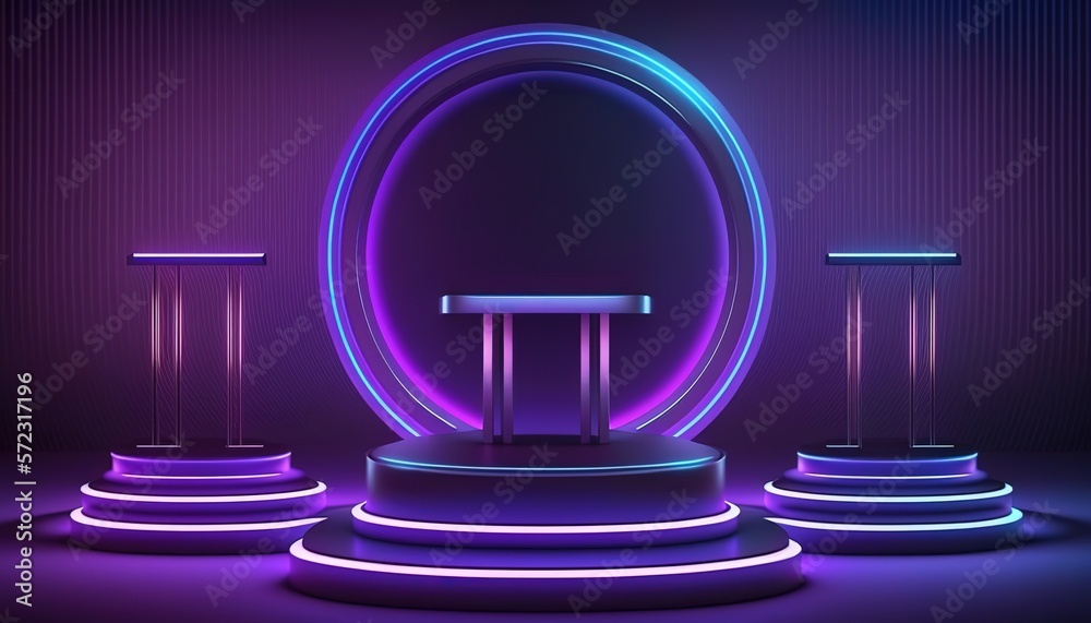 Poster futuristic portal. science fiction podium, pedestal, platform. modern empty cyberpunk space. technol