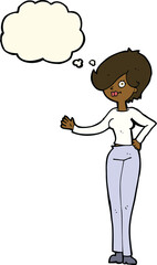 cartoon woman waving with thought bubble