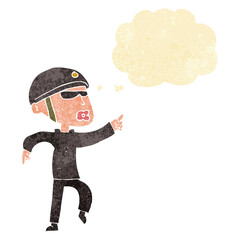 cartoon man in bike helmet pointing with thought bubble