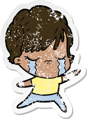 distressed sticker of a cartoon woman crying