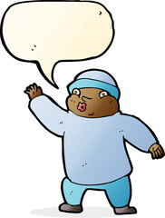 cartoon man in hat waving with speech bubble