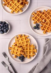 Food photography of waffles with blueberries, breakfast,  belgian, snack, dessert