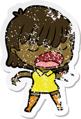 distressed sticker of a cartoon woman talking loudly