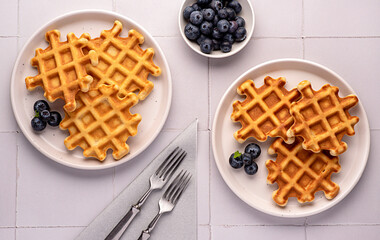 Food photography of waffles with blueberries, breakfast,  belgian, snack, dessert