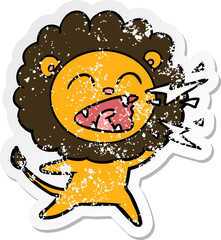 distressed sticker of a cartoon roaring lion