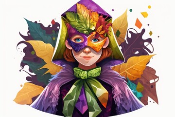 Teenager Dressing Up for Mardi Gras stock illustration Child, Carnival - Celebration Event, Traveling Carnival, Party - Social Event, Mask - Disguise