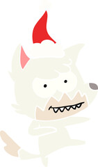 flat color illustration of a grinning fox wearing santa hat