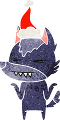 angry wolf retro cartoon of a wearing santa hat