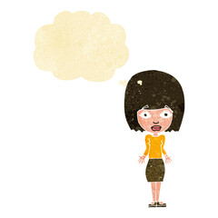 cartoon woman shrugging shoulders with thought bubble