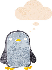 cute cartoon penguin and thought bubble in retro textured style