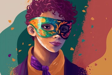 Teenager Dressing Up for Mardi Gras stock illustration Child, Carnival - Celebration Event, Traveling Carnival, Party - Social Event, Mask - Disguise
