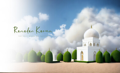 Ramadan kareem or Eid mubarak greetings miniature mosque background blue sky, generative ai
