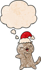 cute cartoon christmas cat and thought bubble in grunge texture pattern style