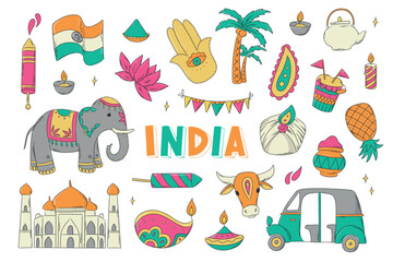 Indian culture clip art, doodles, cartoon stickers, icons. Holi festival, diwali theme doodles. Good for prints, cards, planners, sublimation, etc. EPS 10