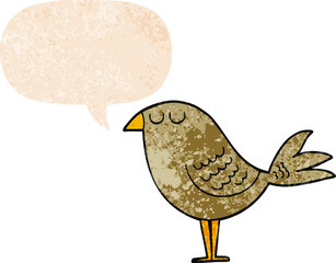 cartoon bird and speech bubble in retro textured style