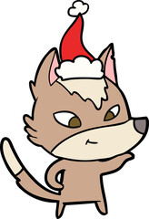 friendly line drawing of a wolf wearing santa hat