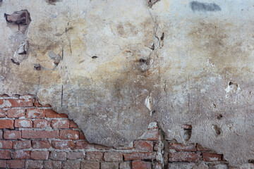 Old brick wall and ruined plaster with spider webs and dust texture background