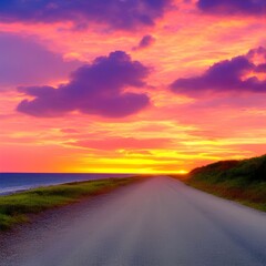 Fototapeta na wymiar Summer landscape on the island. Highway landscape at colorful sunset. Road view on the beach in summer - generative ai