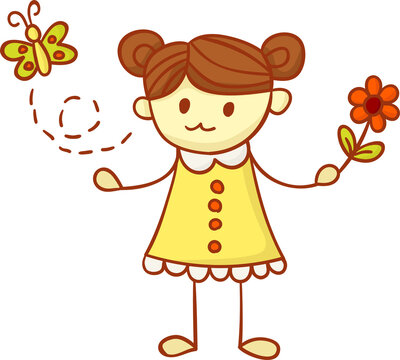Girl with flower cartoon hand draw filled outline style