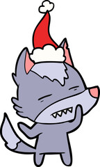 line drawing of a wolf showing teeth wearing santa hat