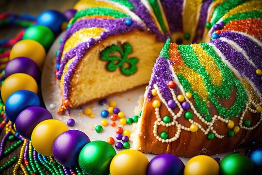 Sliced Mardi Gras king cake surrounded by colorful beads stock photo Mardi Gras, Epiphany Cake, New Orleans, Bead, Parade