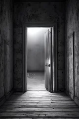 Vlies Fototapete Alte Türen An open wooden door at the end of the hallway in old abandoned house. Dark dramatic scene, film noir horror concept. Vertical shot, black and white image.