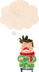 cartoon obnoxious man and thought bubble in retro textured style