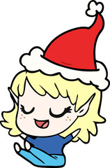 happy line drawing of a elf girl sitting wearing santa hat