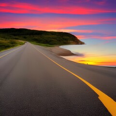 Summer landscape on the island. Highway landscape at colorful sunset. Road view on the beach in summer - generative ai