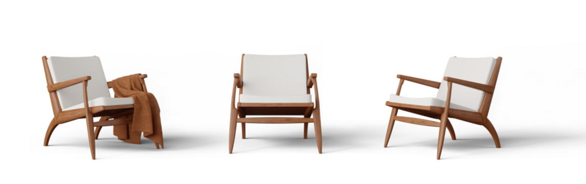 Front and side views of red wood chairs