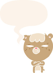 cartoon annoyed bear and arms crossed and speech bubble in retro style