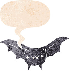 cartoon bat and speech bubble in retro textured style