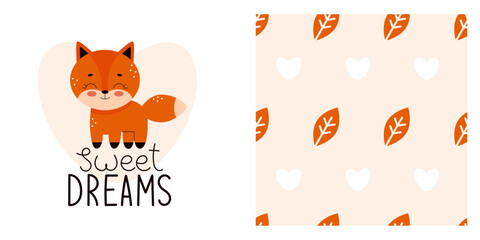 Cute baby print for pajamas or bedding. Forest animals for printing on fabric. Lettering for children, sweet dreams. Adorable fox. Vector illustration