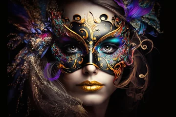 Photo sur Plexiglas Carnaval Beautiful Woman in Mardi Gras Mask and Makeup