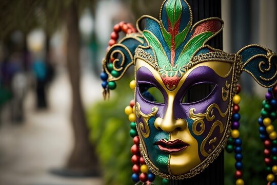 Outdoor Mardi Gras beads and mask on light post stock photo Mardi Gras, New Orleans, Parade, Mask - Disguise, Bead