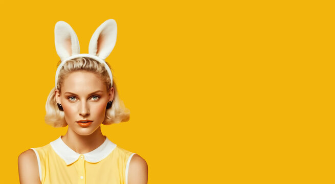 Cute fashion girl with Easter bunny ears on yellow background. Generative AI