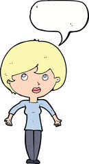 cartoon woman shrugging shoulders with speech bubble