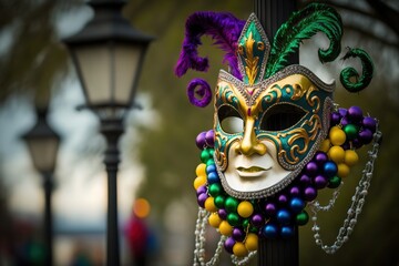Fototapeta na wymiar Outdoor Mardi Gras beads and mask on light post stock photo Mardi Gras, New Orleans, Parade, Mask - Disguise, Bead