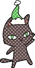 comic book style illustration of a cat staring wearing santa hat