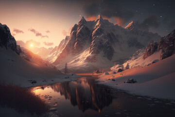 Winter mountains and a pond in the evening at sunset. AI generative.