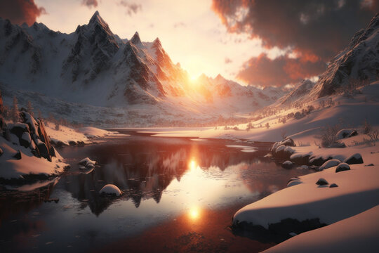 Winter mountains and pond at sunset. AI generative.