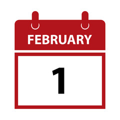 February 1. Vector flat daily calendar icon. Date and time, day, month for birthday, anniversary, appointment, remainder or event. Holiday. 