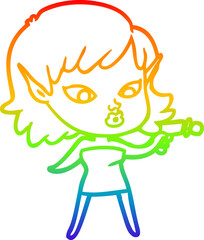 rainbow gradient line drawing pretty cartoon girl with ray gun