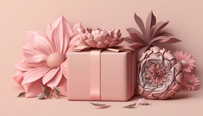 Valentine's Day and Mother's Day design concept background with pink flower and gift on pink background 
